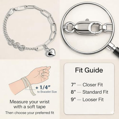925 Sterling Silver 6mm Paperclip Bracelet for Women with Heart Charm - Mixed Link Chain Design, Lobster Clasp, Size 7" 8" 9", Gift Box - size: Medium - 8 Inches
