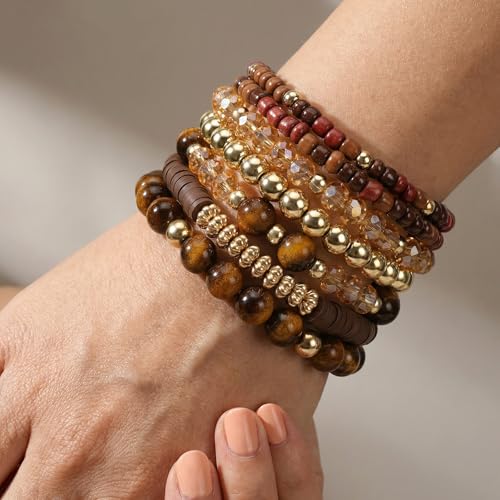 Boho Wooden Beads Bracelets Bohemian Bracelet Stack for Men Women Wood Beaded Bracelet Set - color: F