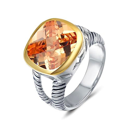 UNY JEWEL Twisted Cable Wire Two Tone Cusion Cut CZ Statement Ring Designer Inspired Fashion Love Antique Women Jewelry Gift - color: Champagne