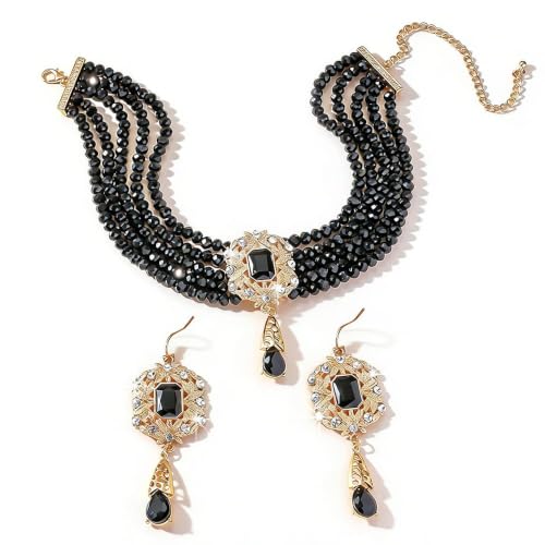Missgrace Women Silver Black Green Red Rhinestone Crystal Tassels Bridal Necklace Earrings Sets Teardrop Necklace Dangle Earrings Set for Wedding Brides Bridesmaid - color: Black
