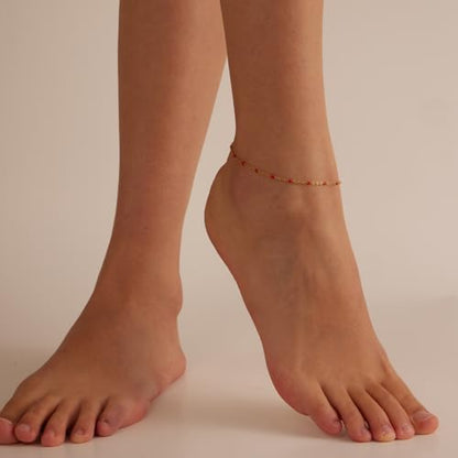 18K Gold Plated Boho Beaded Anklets for Women Dainty Gold Layered Round Ball Ankle Bracelet Pearl Cross Anklet Bracelet Waterproof Gold Jewelry - color: Red Beads-Gold