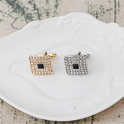 Black and Silver Gold Concentric Diamond Clear Crystal Dust Cufflinks, AILUOR Tuxedo Shirt Cufflinks French Style Shirt Studs - color: Silver