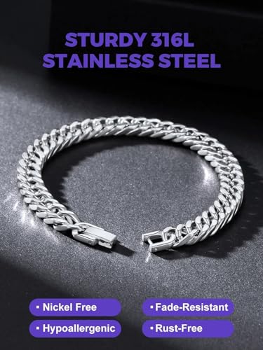 Richsteel Mens Cuban Link Bracelets, Silver/Black/14K Gold Plated Stainless Steel Bracelet for Men 8/12/17mm Width, 7.4/8.2/9 Inch Length Chain Wrist Bracelets With Gifts Box - style: 01-Steel 8mm Width