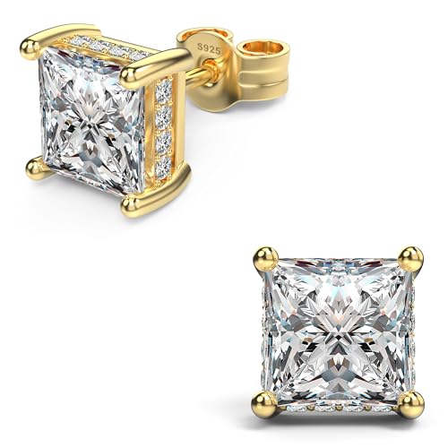Princess Cut Cubic Zirconia Stud Earrings for Men Women | Square CZ Simulated Diamond Studs, 18K White Gold Plated Sterling Silver, Hypoallergenic - color: Gold, size: 6MM