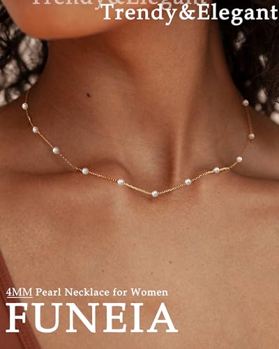 FUNEIA Dainty Pearl Necklace for Women 14K Gold Plated Faux Pearl Choker Necklaces Trendy White Silver Small Pearl Necklace Strand Wedding Prom Bridal Pearls Jewelry 14/16/18/20 Inches - color: 4mm-gold
