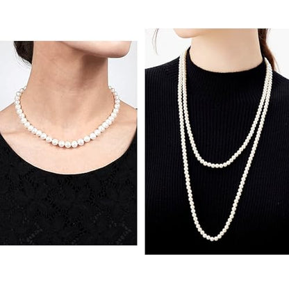 Long Pearl Necklaces for Women Cream White Faux Pearl Strand Layered Necklace Costume Jewelry - color: 8MM choker+6MM long