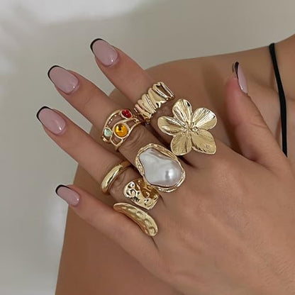 Chunky Rings for Women Stackable Vintage Adjustable Rings for Women Gold Statement Stone Ring Set Non Tarnish Vintage Jewelry - style: Gold 6