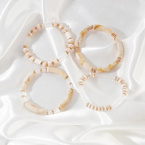 LALAPPLE Gold Plated Beaded Acrylic Bamboo Tube Bangle Bracelets for Women, Colorful Chunky Curved Tube With Gold Plated Pieces Beads Stretch Bracelet Friendship Summer Beach Jewelry - color: X-Beige Set