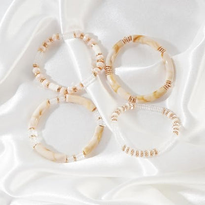 LALAPPLE Gold Plated Beaded Acrylic Bamboo Tube Bangle Bracelets for Women, Colorful Chunky Curved Tube With Gold Plated Pieces Beads Stretch Bracelet Friendship Summer Beach Jewelry - color: X-Beige Set