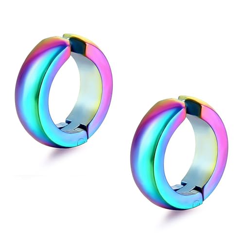 SIISPRI Stainless Steel Mens Womens Clip On Earrings Hoop Huggie Non-Piercing - color: Rainbow