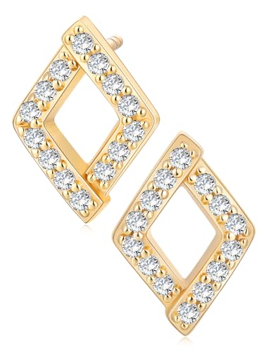 All Moissanites Sparkly Geometric Stud Earrings for Women, Solid 925 Sterling Silver with Rhodium/Gold Plated Hypoallergenic, Lightweight Comfy Earrings - color: Square - Yellow Gold