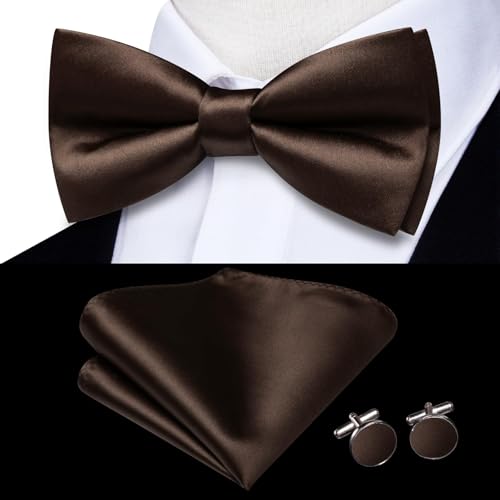 Hi-Tie 5Pcs Mens Solid Color Silk Tie Satin Pretied Bowtie Lapel Pin for Men Handkerchief Cufflink Wedding Gift Box - color: Dark Brown