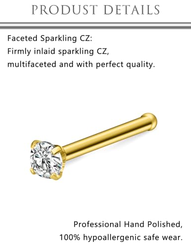 Hoeudjo Nose Studs Surgical Steel Cubic Zirconia Nose Rings Kit for Women Men Tiny Nose Stud Bone & Screw & L Shaped Nostril Piercing Jewelry 24/22/20/18 Gauge 10 Pieces - color: gold-tone,nose bone studs, size: 18g/2mm clear CZ