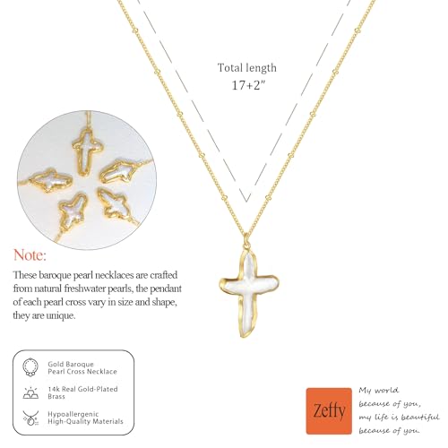 Zeffy 14K Gold/Silver Plated Chunky Thick Chain Toggle Clasp Necklace Dainty Baroque Pearl/Heart/Cross/Turquoise Pendant Necklace - color: Gold Baroque Pearl Cross Necklace