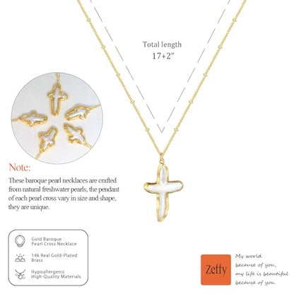 Zeffy 14K Gold/Silver Plated Chunky Thick Chain Toggle Clasp Necklace Dainty Baroque Pearl/Heart/Cross/Turquoise Pendant Necklace - color: Gold Baroque Pearl Cross Necklace