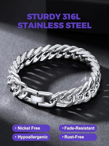 Richsteel Mens Cuban Link Bracelets, Silver/Black/14K Gold Plated Stainless Steel Bracelet for Men 8/12/17mm Width, 7.4/8.2/9 Inch Length Chain Wrist Bracelets With Gifts Box - style: 04-Steel 12mm Width
