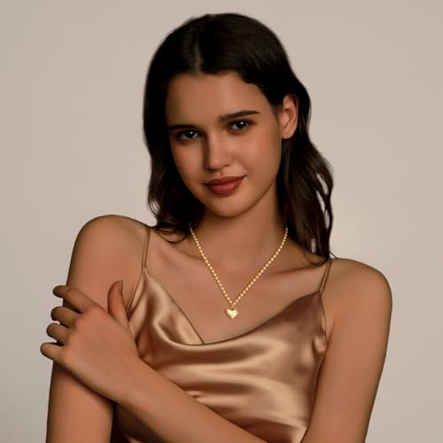 Zeffy Dainty Gold Heart Necklace for Women Trendy 14K Gold/Silver Plate Cute Heart Pendant Choker Necklaces Gold Love Heart Chain Necklace for Women Dainty Gold Jewelry Gifts for Women - style: Puffy Heart Beaded Necklace-Gold
