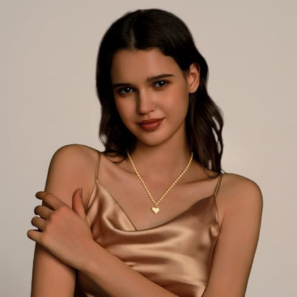Zeffy Dainty Gold Heart Necklace for Women Trendy 14K Gold/Silver Plate Cute Heart Pendant Choker Necklaces Gold Love Heart Chain Necklace for Women Dainty Gold Jewelry Gifts for Women - style: Puffy Heart Beaded Necklace-Gold