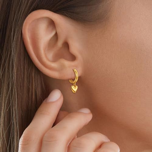 Heart Earrings for Women Girls-Sterling Silver Heart Dangle Hoop Earrings with Charm Love Huggie Hoop Earrings Hypoallergenic Delicate Jewelry Gifts for Women Girls Birthday - color: gold