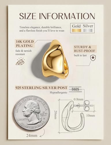 Chunky Gold Stud Earrings for Women Sterling Silver Earring Hypoallergenic | Non Tarnish 14K Gold Plated 925 Silver Posts for Sensitive Ears,Knot Statement Dangle Earrings Gold Jewelry Gifts Lightweight - color: gold plated-chunky