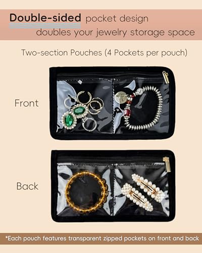 Travel Jewelry Organizer Case Refill Pages-24 Compartments Clear Zipper Velvet Pockets for Rings Earrings Necklaces,2-Section Replacement Pages, Black,Pack of 6 - color: 2-Section Inner Pages,Black,Pack of 6