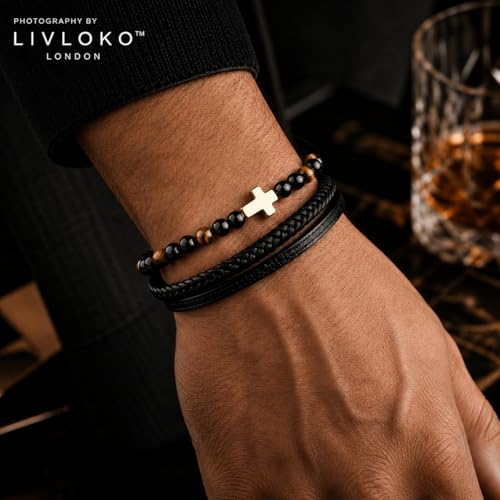 LONDON Mens Bracelet Leather Black Multi-Layer Stone Beads Adjustable Steel Clasp Viking Rope Bands Surfer Man Wristband Male UK Jewellery Gift box Boyfriend Dad Son Brother Tiger Eye - color: E. 19-22cm Black Brown Tiger-Eye Cross Adjustable, size: Small