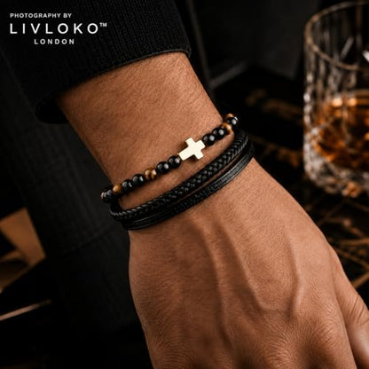 LONDON Mens Bracelet Leather Black Multi-Layer Stone Beads Adjustable Steel Clasp Viking Rope Bands Surfer Man Wristband Male UK Jewellery Gift box Boyfriend Dad Son Brother Tiger Eye - color: E. 19-22cm Black Brown Tiger-Eye Cross Adjustable, size: Large