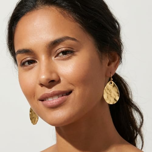 Antique Gold Hammered Disc Drop Earrings Boho Earrings with Two Tone Jewelry Gift - color: AMZ-EH21309A-L