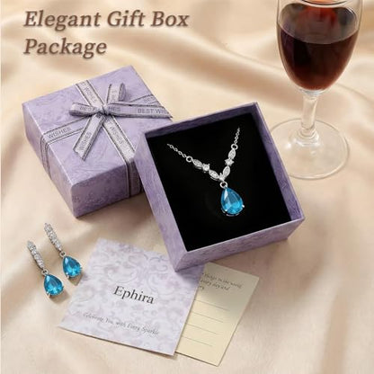 Platinum Plated Cubic Zirconia Teardrop Pendant Necklace Dangle Earrings Set, Silver Jewelry Set for Women,Wedding Jewelry Set for Bride,Bridesmaid Jewelry Gift, Gift for Valentine's Day, Birthday - color: Blue