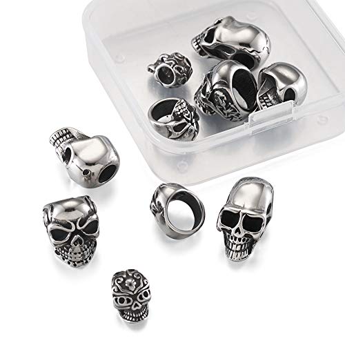 Elecrelive 10Pcs Skull Head Large Hole Beads Skeleton Skull Stainless Steel Spacer Beads 5 Styles Halloween Bracelet Charms for Gothic Bracelets Earrings Jewelry Making - color: Antique Silver-10pcs