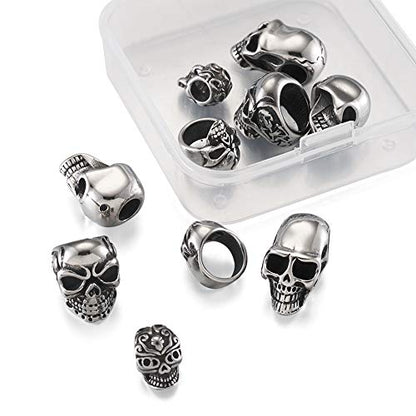 Elecrelive 10Pcs Skull Head Large Hole Beads Skeleton Skull Stainless Steel Spacer Beads 5 Styles Halloween Bracelet Charms for Gothic Bracelets Earrings Jewelry Making - color: Antique Silver-10pcs