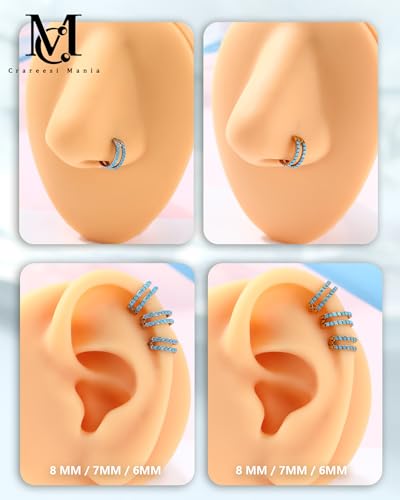 Nose Ring Hoop, 316L Stainless Steel Double Nose Rings, 20G Nose Piercing Jewelry for Women, Clear CZ Helix Cartilage Septum Nose Hoops - color: Turquoise-Silver-7mm