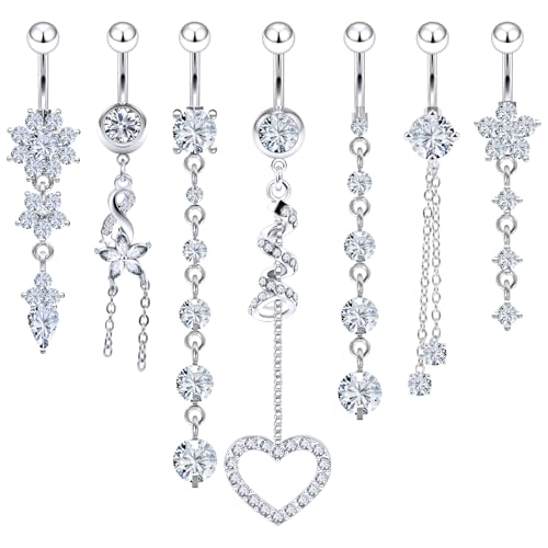 14G Belly Button Ring Piercing Surgical Steel Clear Pink CZ Dangling Navel Rings 10MM Length Hypoallergenic Heart Flower Belly Piercing Jewelry for Women Men Silver Gold - color: Silver- Clear CZ