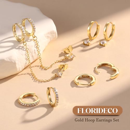 4 Pairs Small Hoop Earrings for Women 14K Gold Plated | Trendy Chain Drop Earrings Set, Hypoallergenic CZ Huggie Hoops, Lightweight Cartilage Earring Stacks - color: 14K Gold Plated-dangle hoop