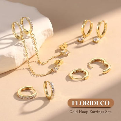 4 Pairs Small Hoop Earrings for Women 14K Gold Plated | Trendy Chain Drop Earrings Set, Hypoallergenic CZ Huggie Hoops, Lightweight Cartilage Earring Stacks - color: 14K Gold Plated-dangle hoop