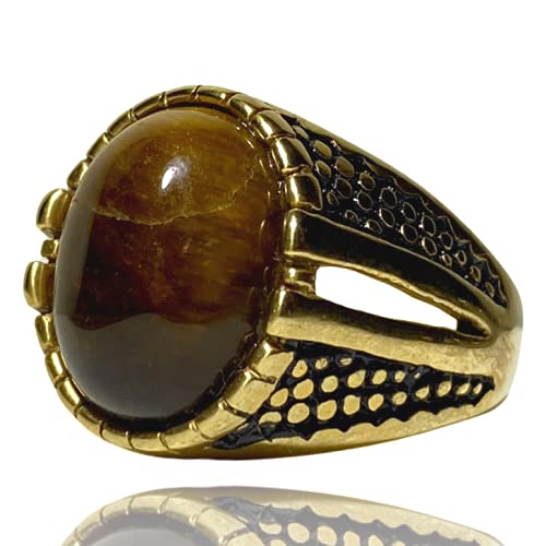 Men’s Gold Tiger Eye Ring – 14K Finish Stainless Steel Oval Gem Punk Biker Pinky Band, Vintage Retro Heavy Signet Jewelry
