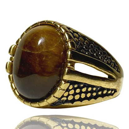 Men’s Gold Tiger Eye Ring – 14K Finish Stainless Steel Oval Gem Punk Biker Pinky Band, Vintage Retro Heavy Signet Jewelry
