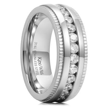 King Will 316L Stainless Steel Wedding Band for Men Cubic Zirconia Inlay | Silver-Tone, 6/7/8mm, Comfort Fit, Durable, Zirconia inlay, Promise Gift - color: Steel-White-7mm