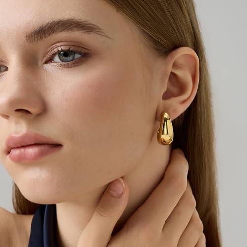 FRUMOS 18K Gold Plated Chunky Hoop Earrings for Women Fashion Thick Gold Hoops Set Jewelry for Birthday Christmas Gifts - color: Teardrop Earrings