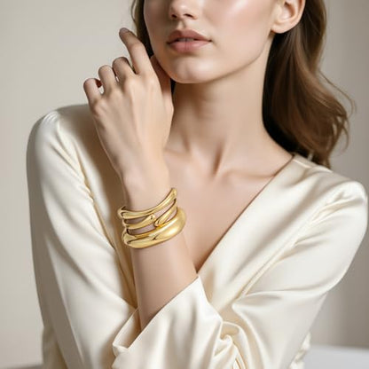 Emibele Gold Bangles for Women, 2PCS Irregular Chunky Gold Bracelet Hinged Open Bangle Bracelets for Women, Fashion Wide Arm Cuff Minimalist Chunky Jewelry Gifts for Valentine Christmas Birthday - style: N Gold