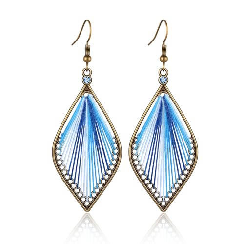 Boho Turquoise Dangle Earrings For Women Trendy,Western Blue Gemstone Drop Earings,Vintage Gothic Ethnic Statement Beach Vacation Long Birthstone Earrings with Leaf Teardrop Turquoise Crystal Tassels,Fashion Jewelry Birthday Gift. - style: A43 Handwoven B