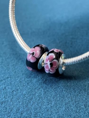 2pcs Authentic 925 Silver Murano Glass Flower Charms for Pandora Bracelets - color: 07-Black and Red