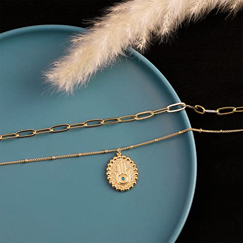 MEVECCO Dainty Pendant Layered Necklaces for Women | 18K Gold Plated Brass, 2-Piece Set With A Choker-Length Upper Layer, Wear Together Or Separately, Refined Everyday Style - style: Layer Oval Hamsa
