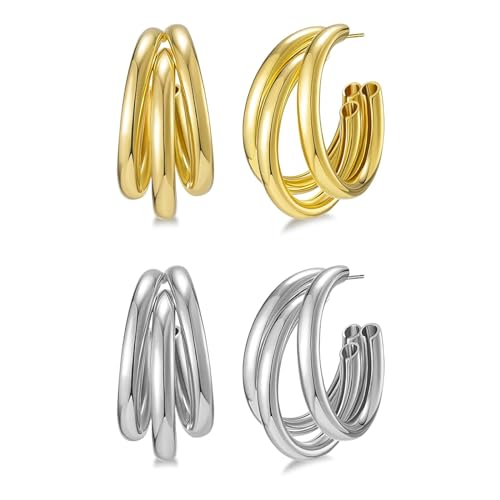 2 Pairs Gold/Silver Hoop Earrings For Women Set Trendy,14K Plated Gold Chunky Huggie Hoop Earings Pack,Oval Twisted Statement Silver Hoops,Fashion Jewelry Gift - color: 10) triple hoop