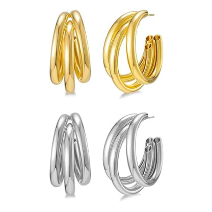 2 Pairs Gold/Silver Hoop Earrings For Women Set Trendy,14K Plated Gold Chunky Huggie Hoop Earings Pack,Oval Twisted Statement Silver Hoops,Fashion Jewelry Gift - color: 10) triple hoop