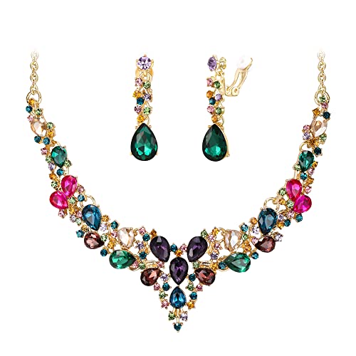 Wedding Statement Necklace Clip-on Earrings Jewelry Set | Sparkling Austrian Crystal Teardrop Cluster for Party Prom Accessories - color: 13-Multicolor Gold-Tone