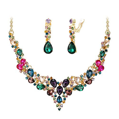 Wedding Statement Necklace Clip-on Earrings Jewelry Set | Sparkling Austrian Crystal Teardrop Cluster for Party Prom Accessories - color: 13-Multicolor Gold-Tone