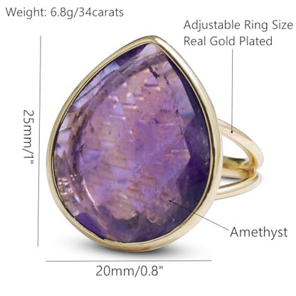 Crystal Ring for Women, Natural Rose Quartz Green Fluorite Ring for Her, Teardrop Shape Gemstone Ring, Handmade rose quartz Jewelry Adjustable Ring. - color: Amethyst