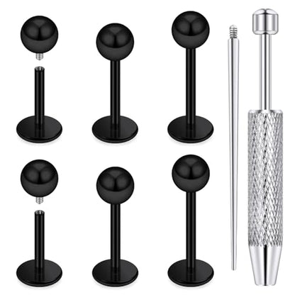 Internally Threaded Labret Studs 18G 16G 14G Surgical Steel Lip Piercing Jewelry with Claw Tool Monroe Snake Bite Jewelry Flat Back Barbell for Women Men Plus Piercing Ball Grabber Tool - color: black, size: 18g,ball end