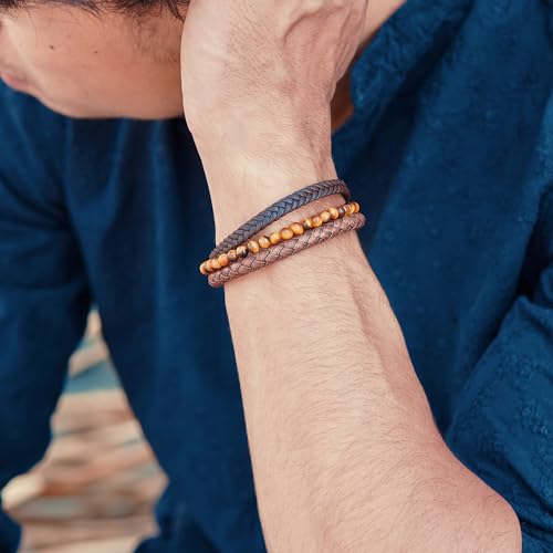 RTZN® Brown Leather Bracelet for Men – Premium Artisan Handcrafted Mens Leather Bracelet – Multi-Stand Mens Bracelet Leather Collection | Beaded Tiger Eye, Silver Chain, and Braided Brown Leather - color: Multi-Strand, size: Large